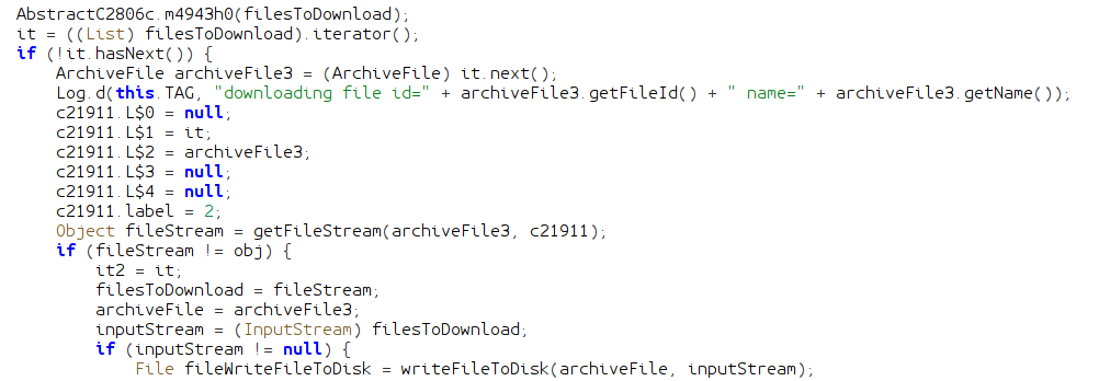 Screenshot of JADX showing FileDownloadWorker code