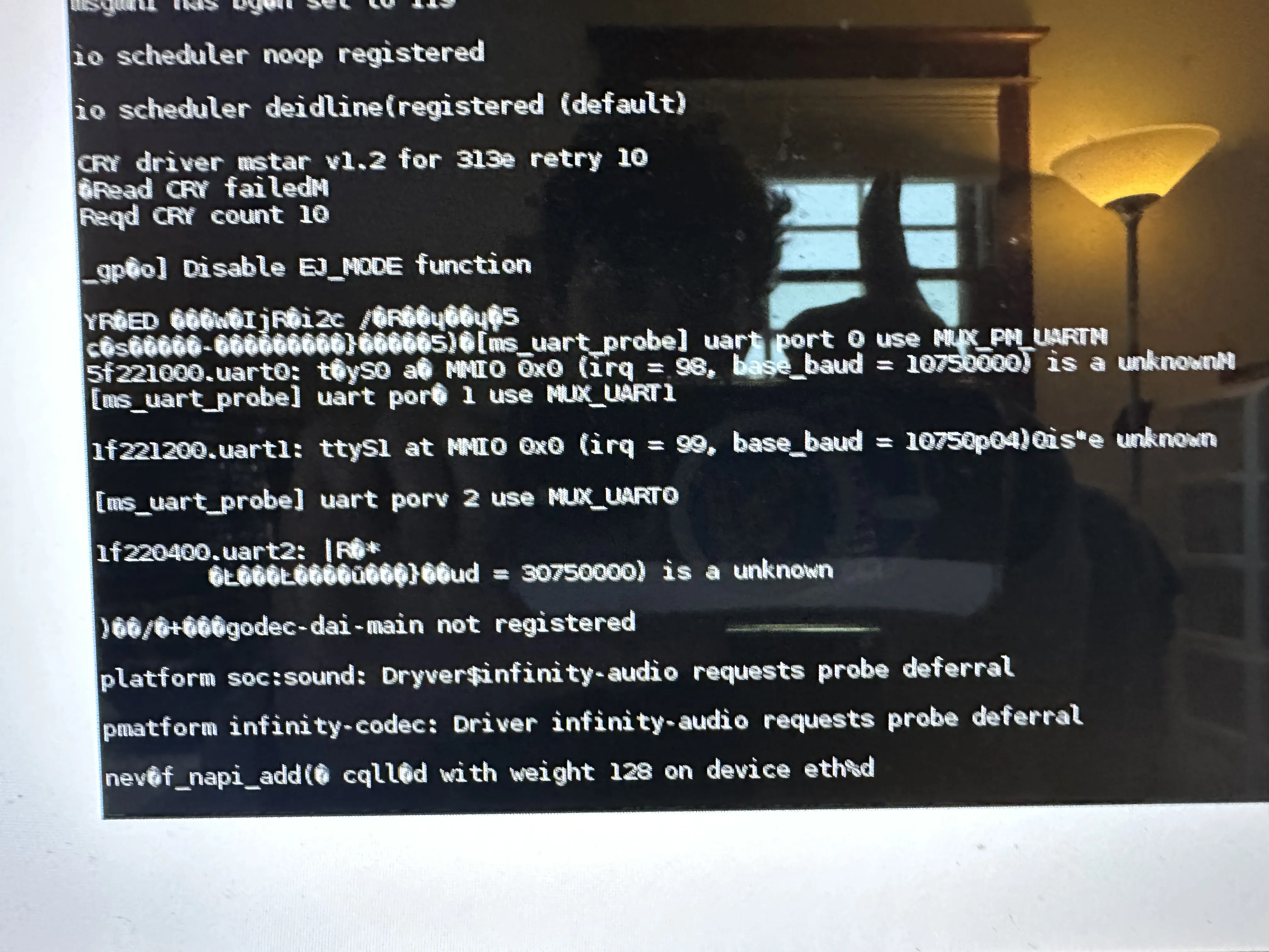 The console readout when the device is booting, but some of it is corrupted