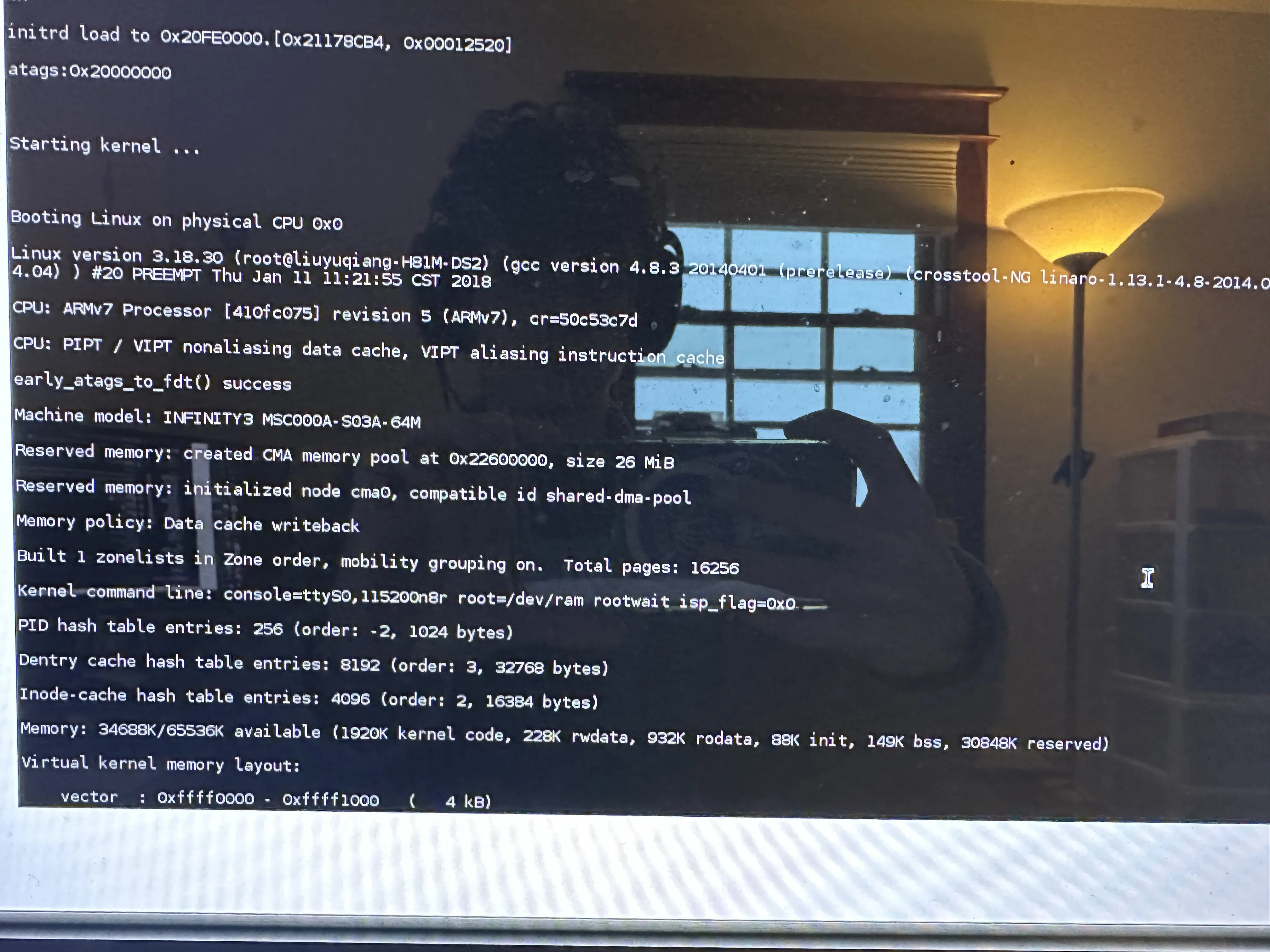A readout of the linux boot logging, none of it is corrupted. At the bottom you can see the start of the Virtual kernel memory layout.