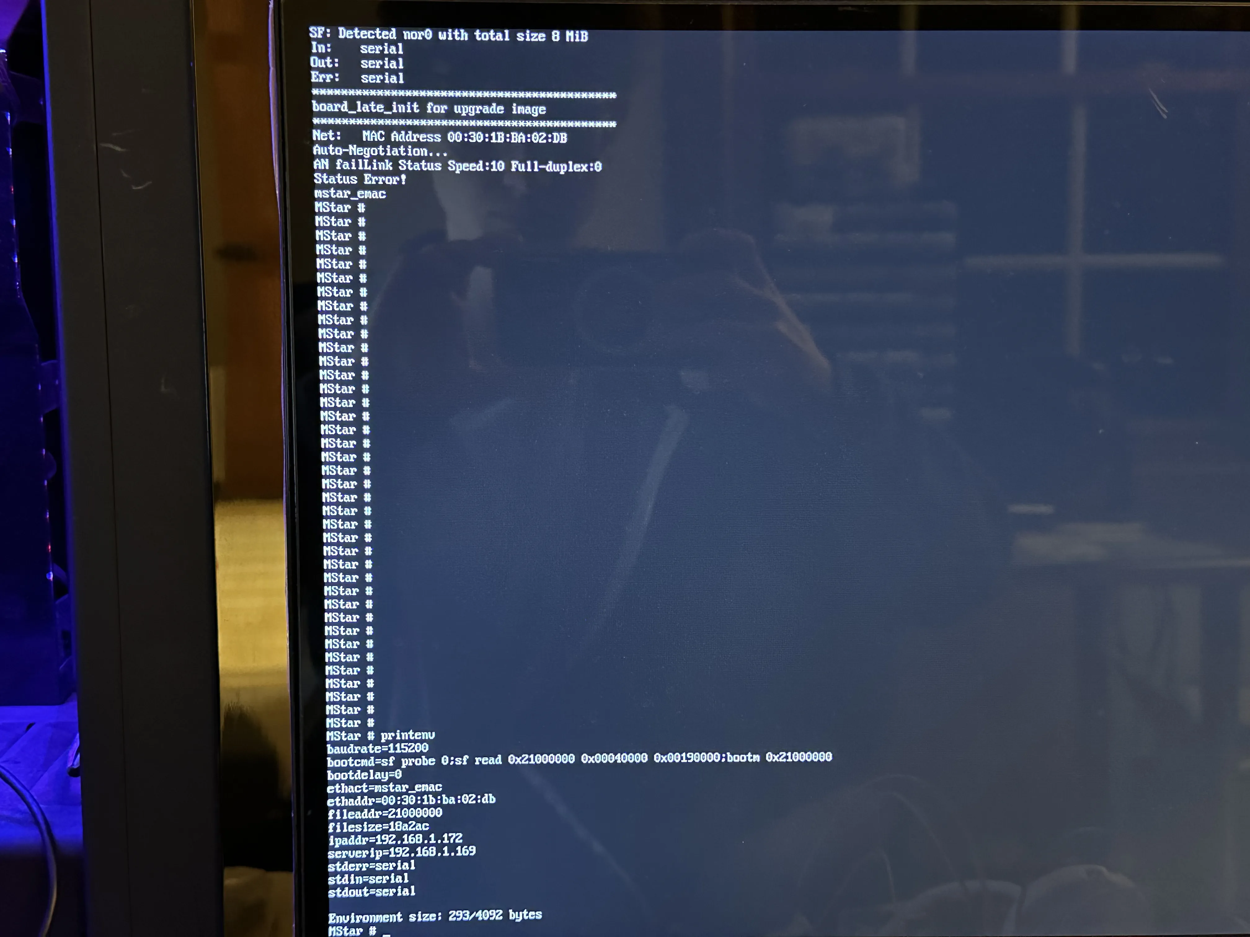 The U-Boot console. I have sent the command printenv.