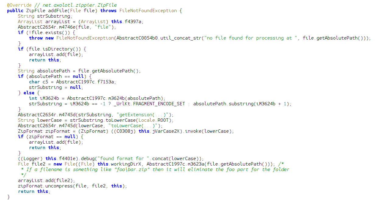Screenshot of JADX showing addFile function