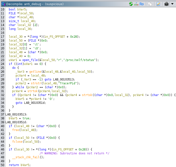 Screenshot of Ghidra showing the anti_debug function