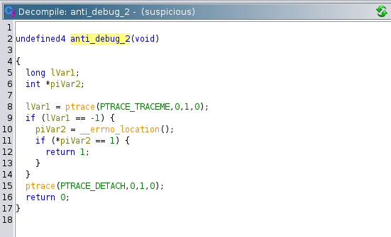 Screenshot of Ghidra showing the anti_debug_2 function