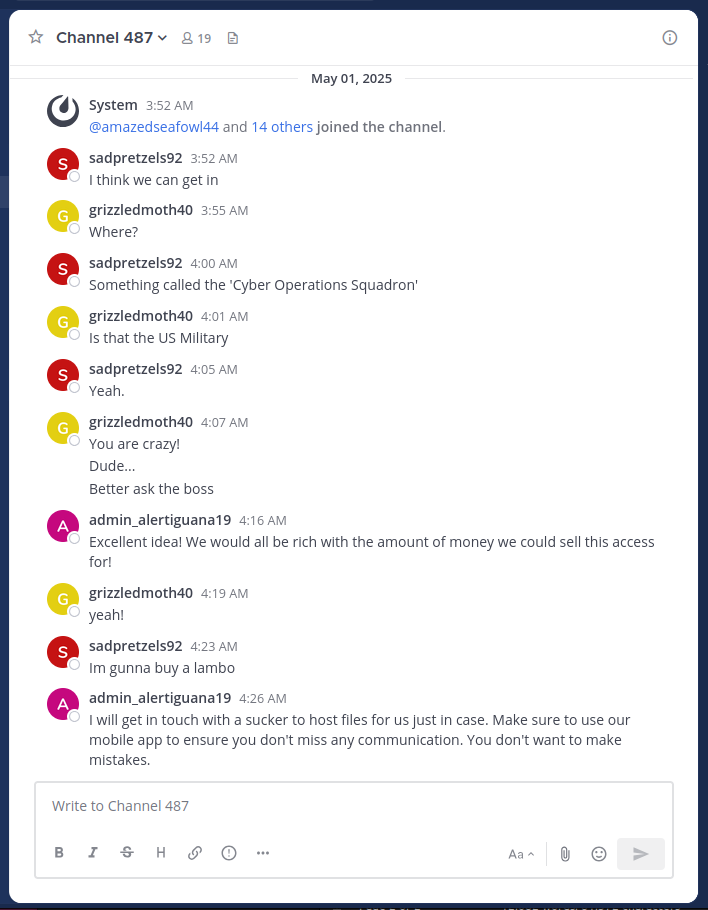Screenshot of Mattermost showing Channel 487 with threat actor communications