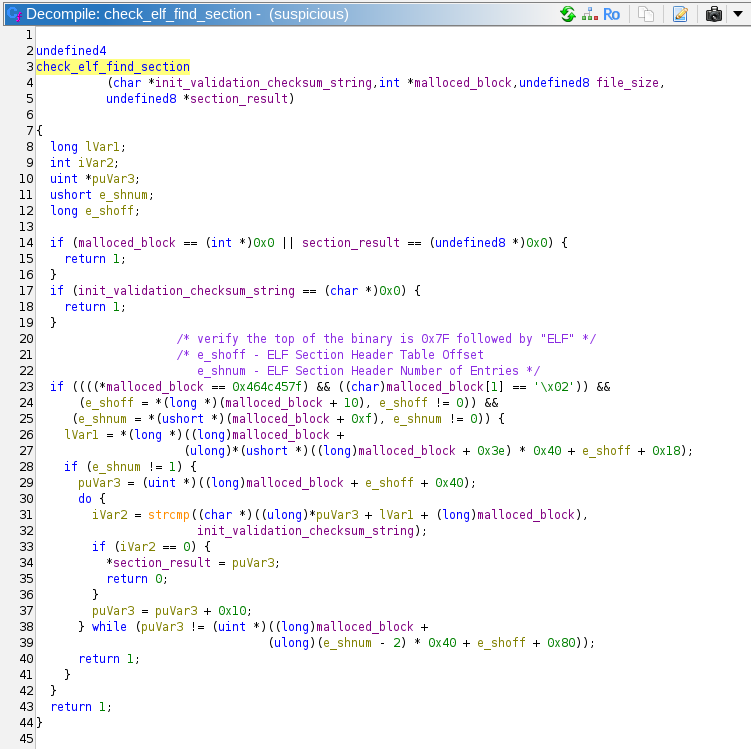 Screenshot of Ghidra showing the check_elf_find_section function