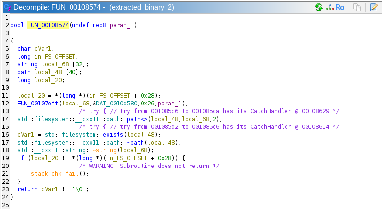 Screenshot of Ghidra showing the check for PDF existence
