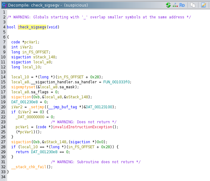 Screenshot of Ghidra showing the check_sigsegv function