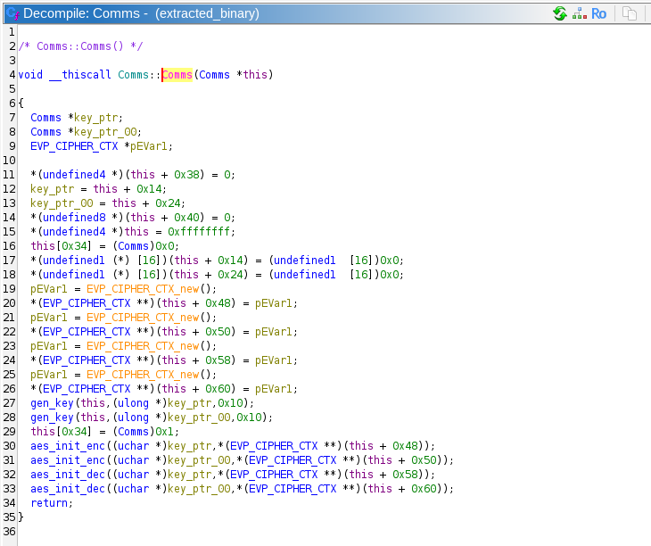 Screenshot of Ghidra showing the Comms constructor