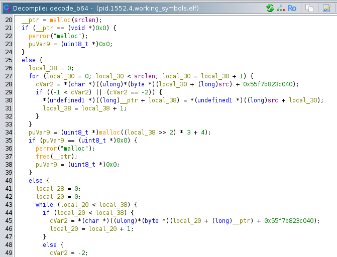 Screenshot of Ghidra showing the base64 decoding function