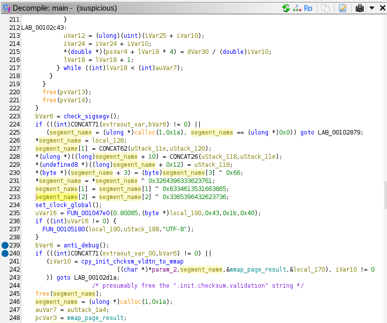 Screenshot of Ghidra showing decryption of ELF section name