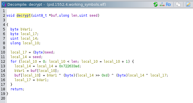 Screenshot of Ghidra showing the decrypt function implementation