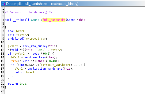 Screenshot of Ghidra showing the full_handshake function
