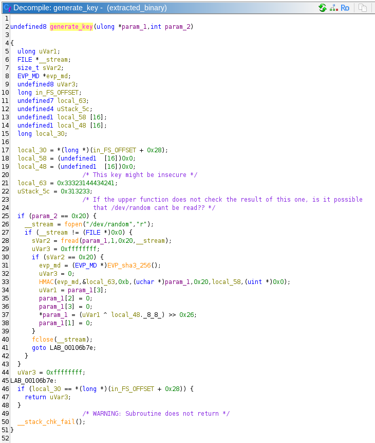 Screenshot of Ghidra showing the generate_key function