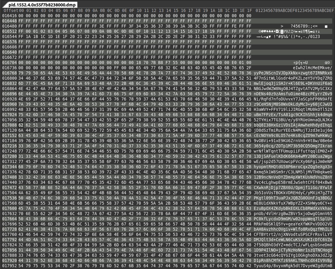 Screenshot of hex editor showing base64 encoded string in memory