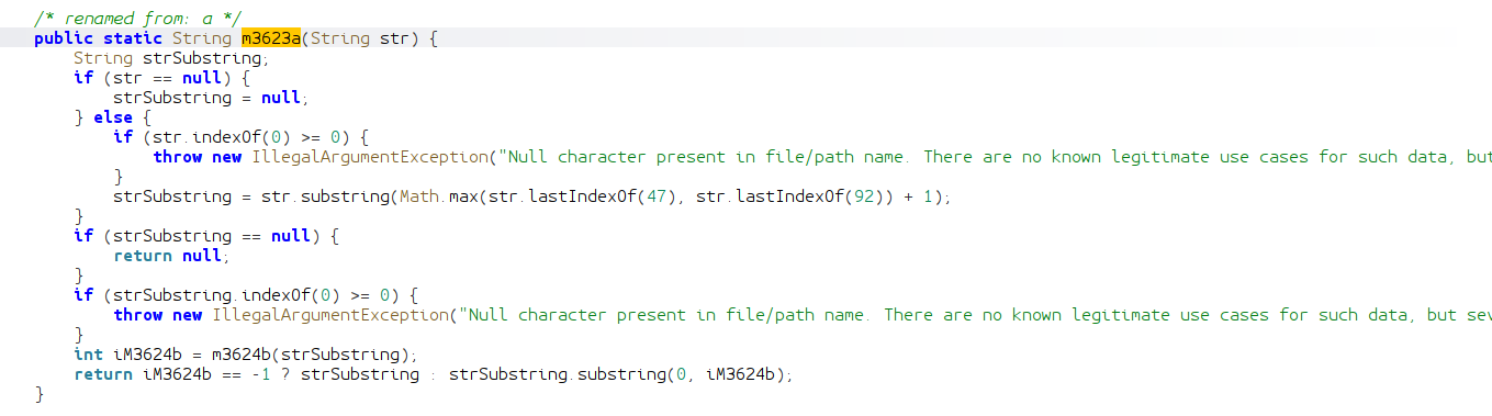 Screenshot of JADX showing m3623a function