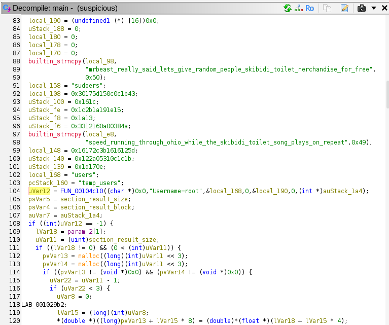 Screenshot of Ghidra showing the first function in main