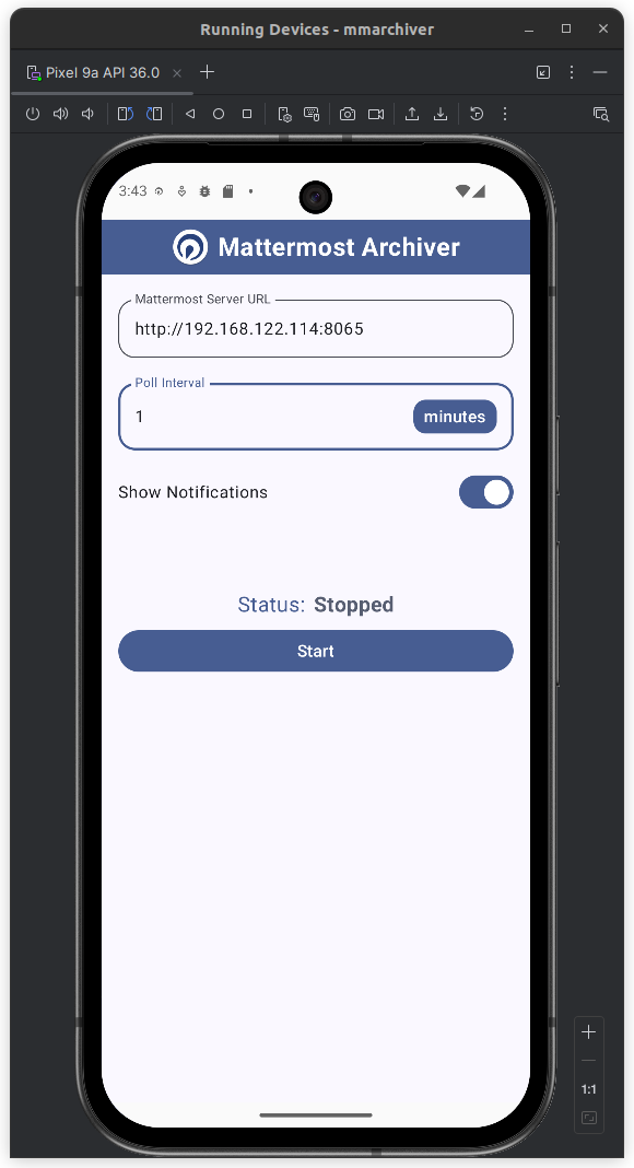 Screenshot of the mmarchiver app main screen