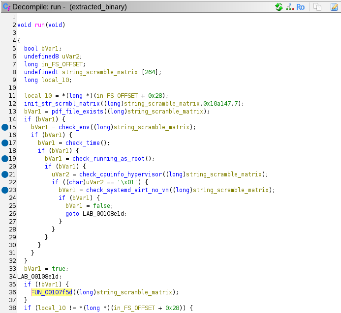 Screenshot of Ghidra showing the run function with better names