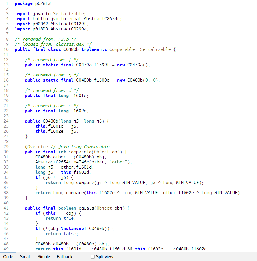 Screenshot of JADX showing obfuscated function names