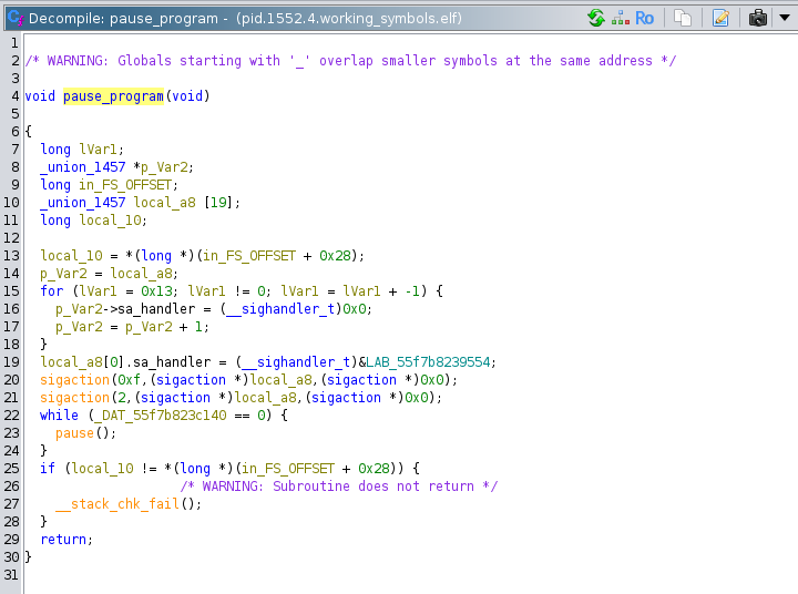 Screenshot of Ghidra showing the pause program function