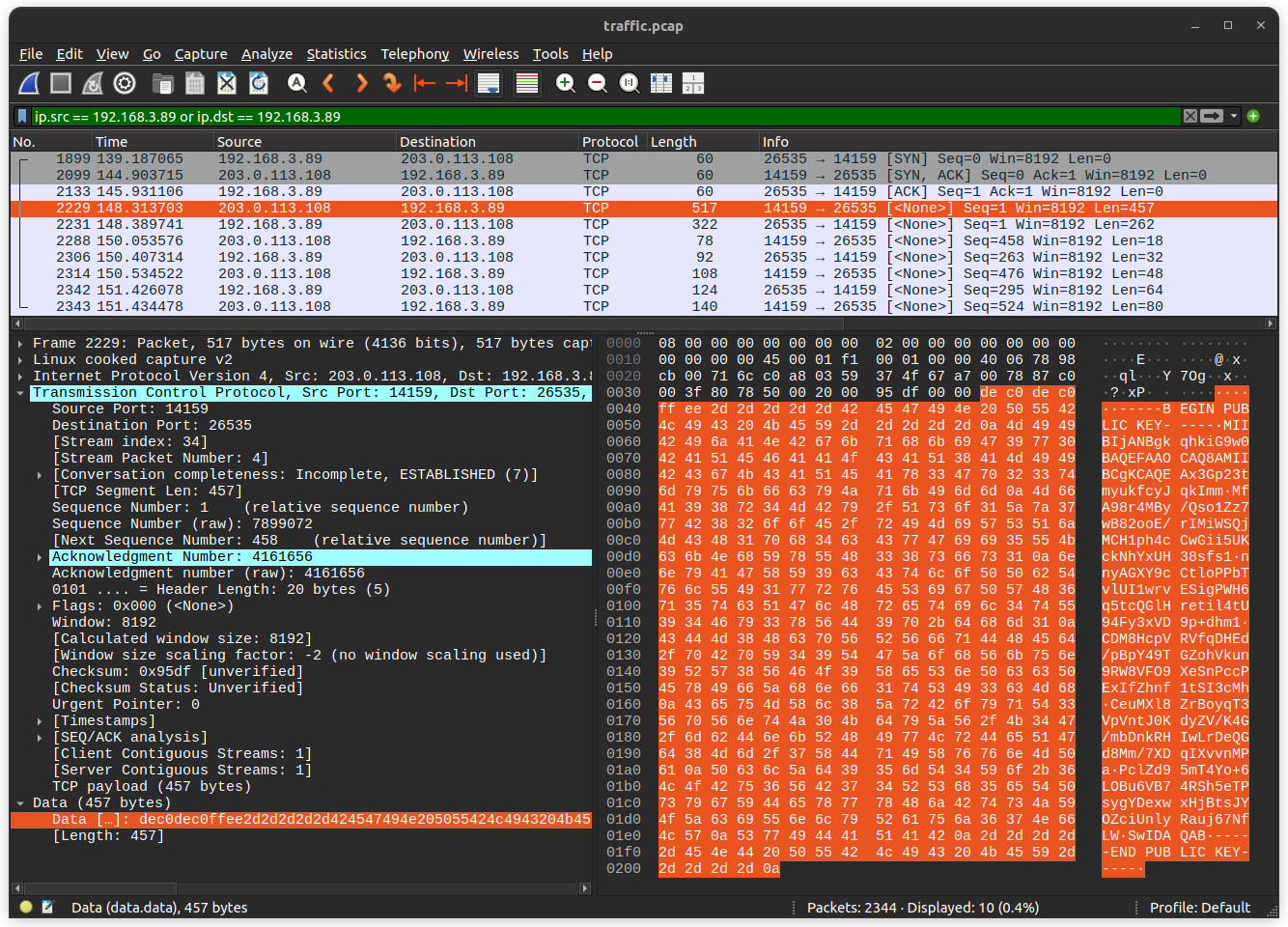 Screenshot of Wireshark packet showing public key transmission