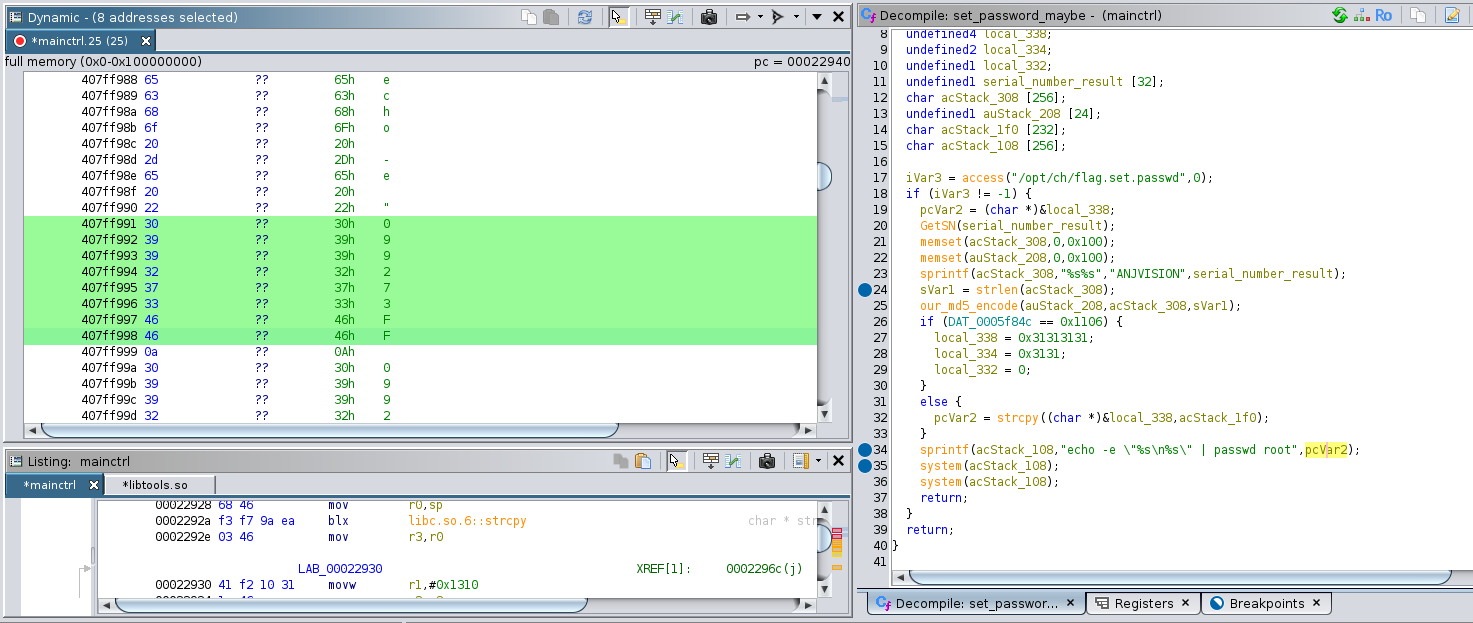 memory containing the final formatted command in the Ghidra debugger, running qemu-arm
