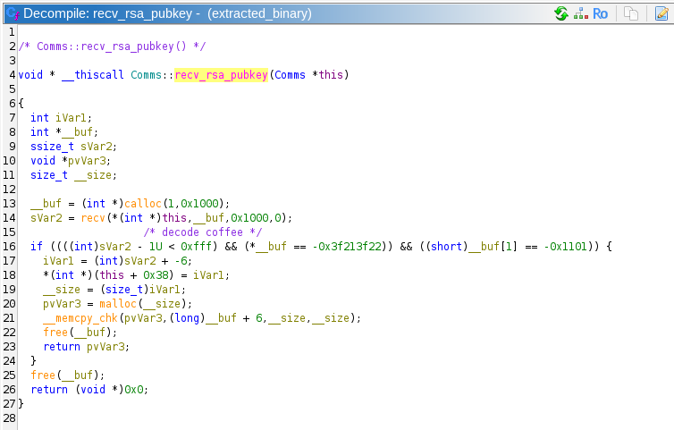Screenshot of Ghidra showing the recv_rsa_pubkey function