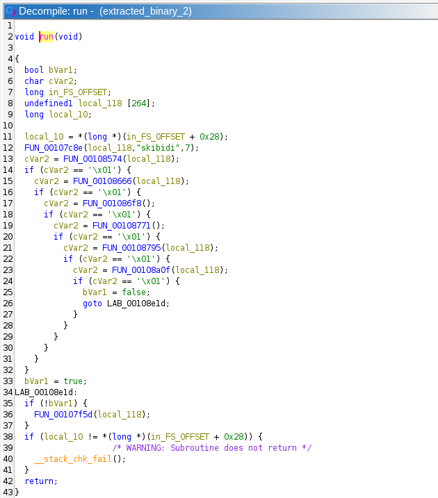 Screenshot of Ghidra showing the run function