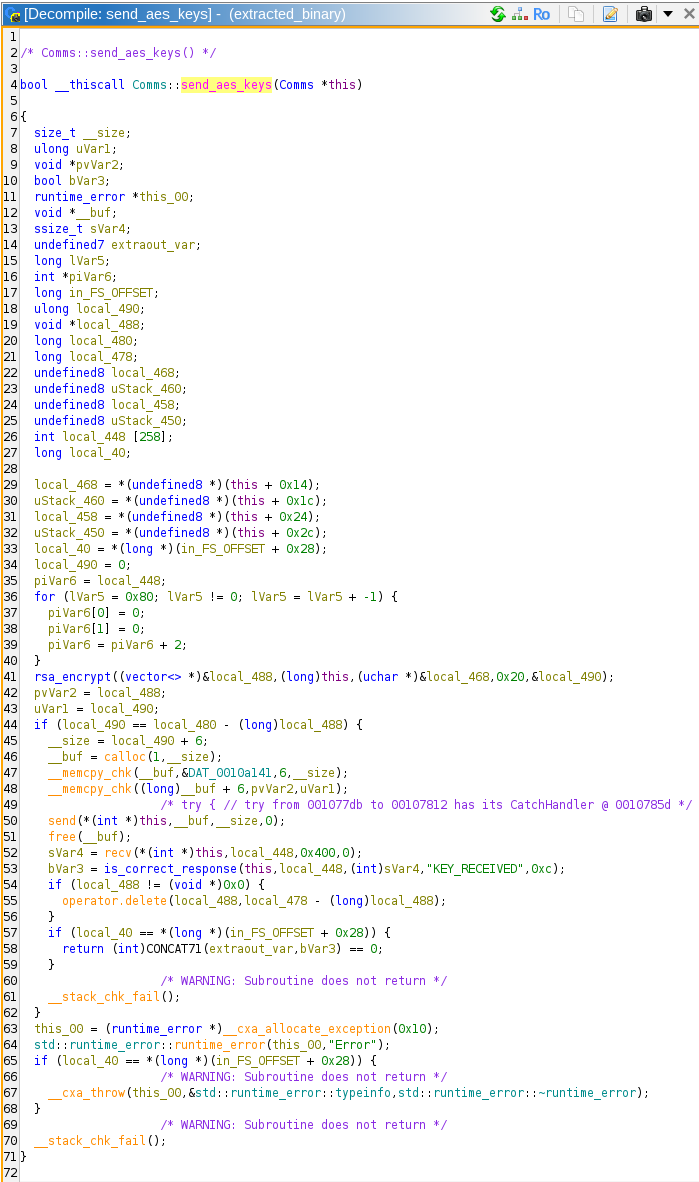 Screenshot of Ghidra showing the send_aes_keys function