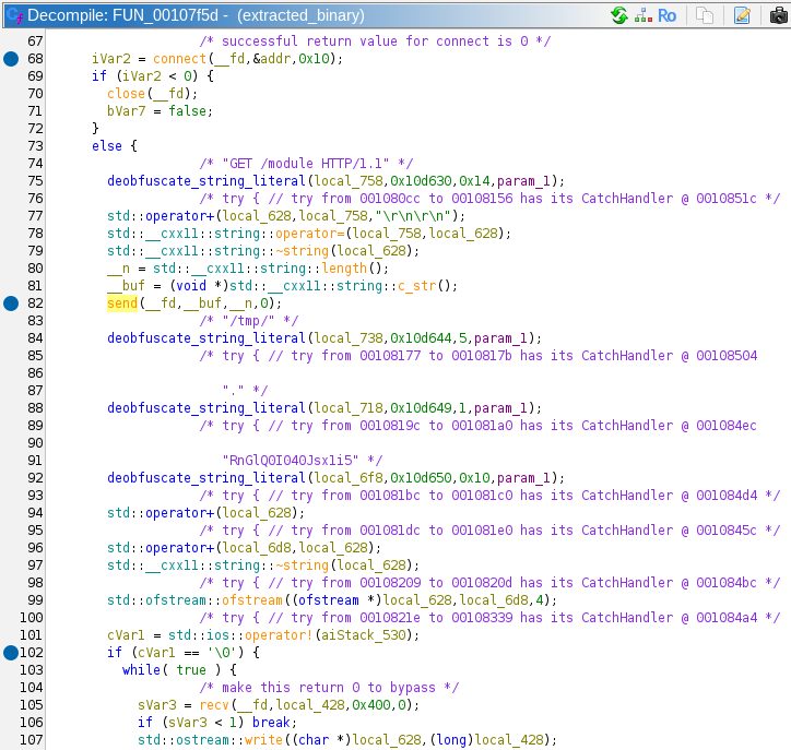 Screenshot of Ghidra showing HTTP request