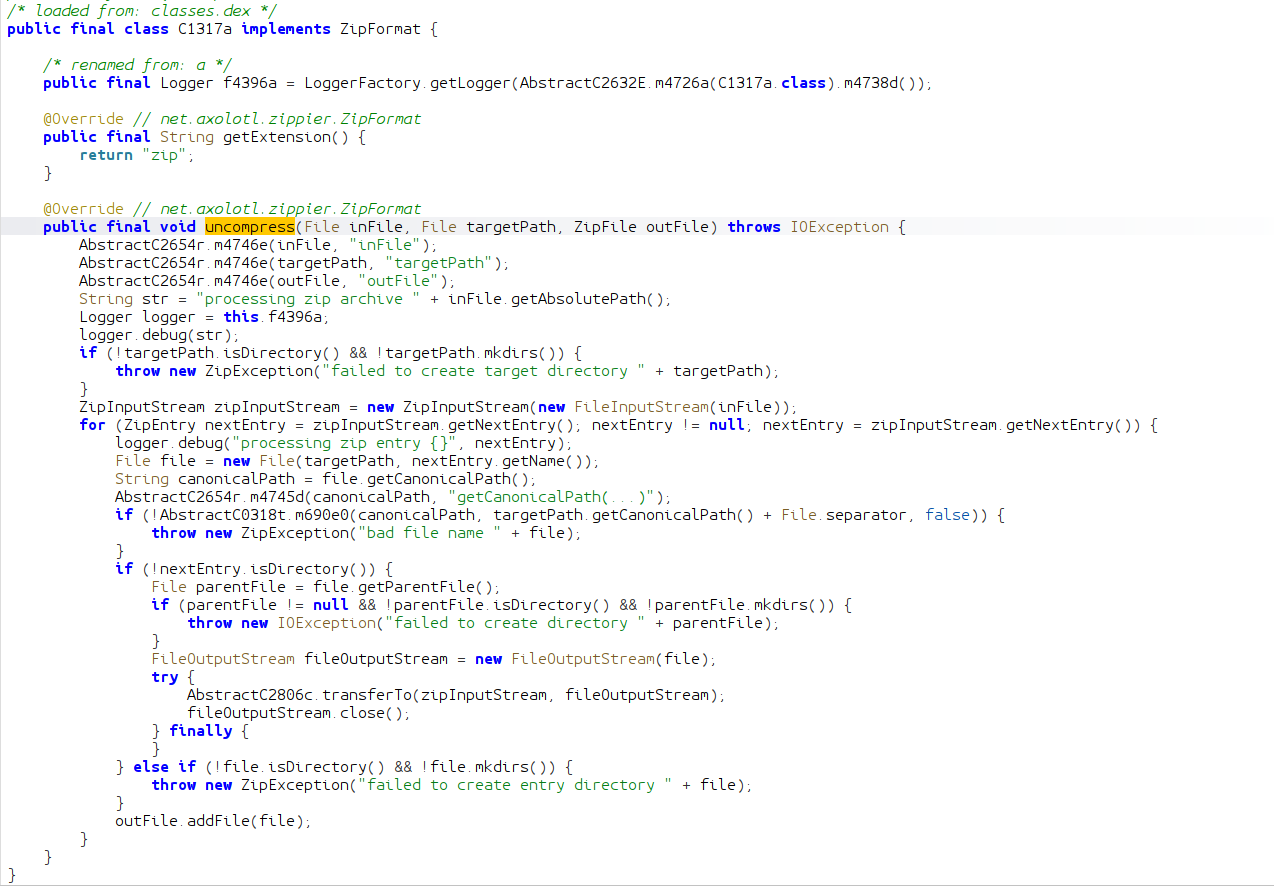 Screenshot of JADX showing uncompress function