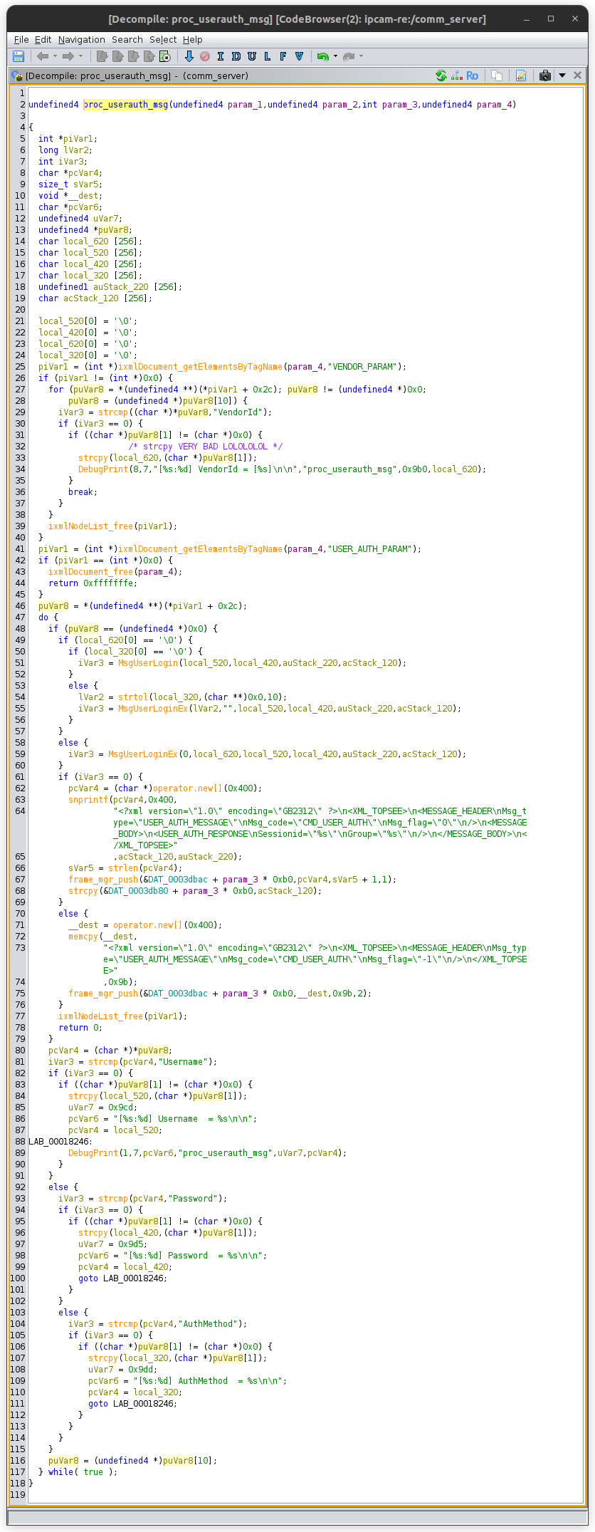 Ghidra decompiler output of the vulnerable function.