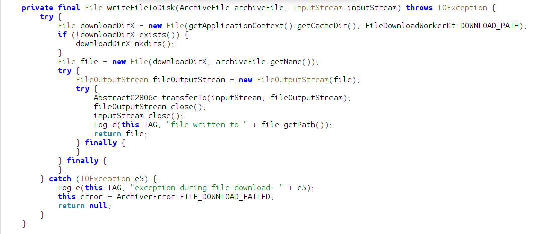 Screenshot of JADX showing writeFileToDisk function