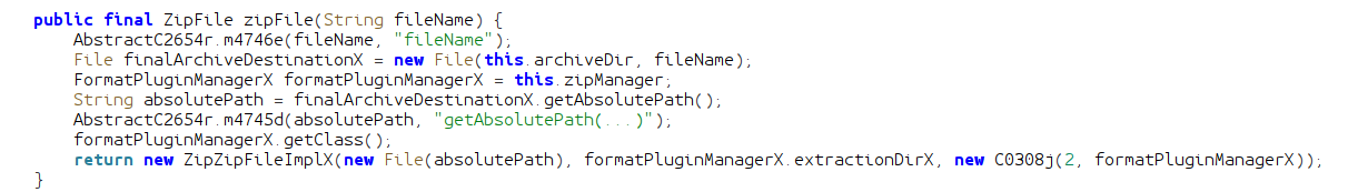 Screenshot of JADX showing zipFile call
